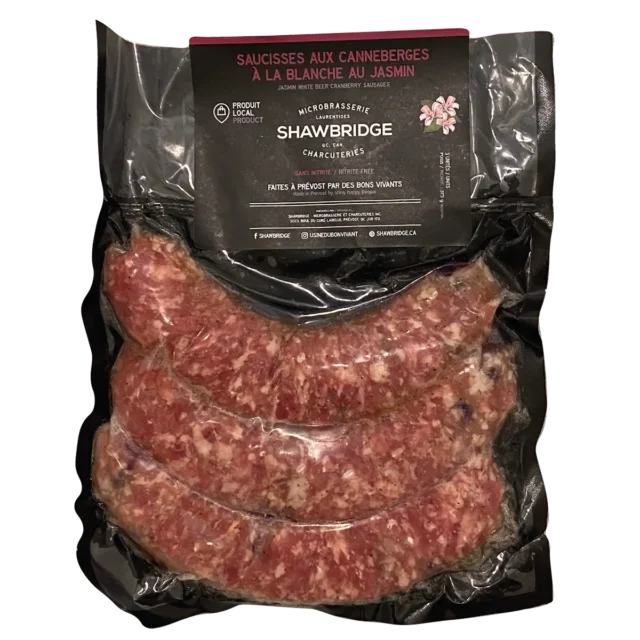 Saucisses aux canneberge à la blanche au jasmin préparées par Shawbridge dans les Laurentides vendue en épicerie