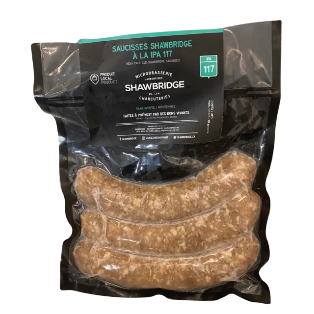 Saucisses à la IPA 117 préparées par Shawbridge dans les Laurentides vendue en épicerie