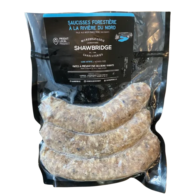 Saucisses forestière à la Rivière du Nord préparées par Shawbridge dans les Laurentides vendue en épicerie