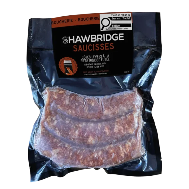 Saucisses côtes levées à la bière Rousse Futée préparées par Shawbridge dans les Laurentides vendue en épicerie