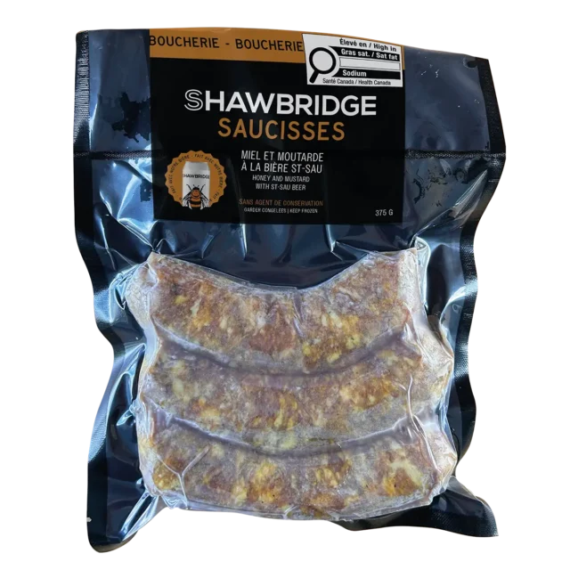 Saucisses miel et moutarde à la bière Saint-Sau préparées par Shawbridge dans les Laurentides vendue en épicerie