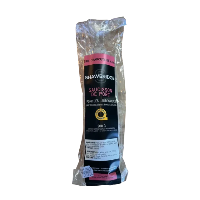 Saucisson de porc préparé par Shawbridge dans les Laurentides vendue en épicerie