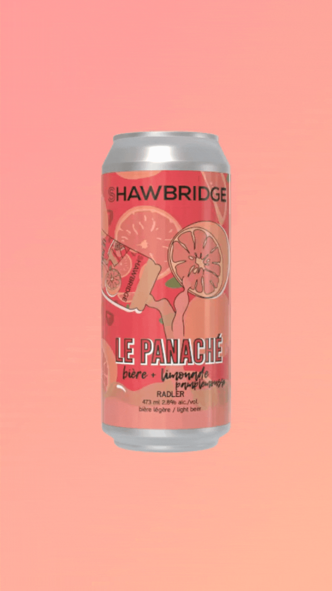 Le Panaché Pamplemousse, le parfait mélange de bière blonde et de limonade au pamplemousse avec une touche de jus de grenadine. Une création de la microbrasserie Shawbridge.