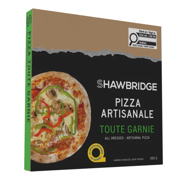 Une pizza toute garnie artisanale préparée par Shawbridge dans les Laurentides vendue en épicerie