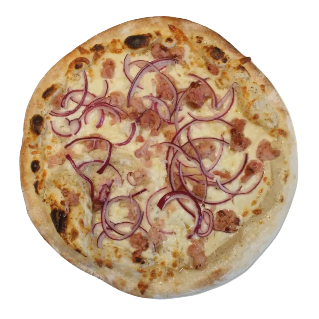 une pizza crème et lardons préparée par Shawbridge à Prévost.