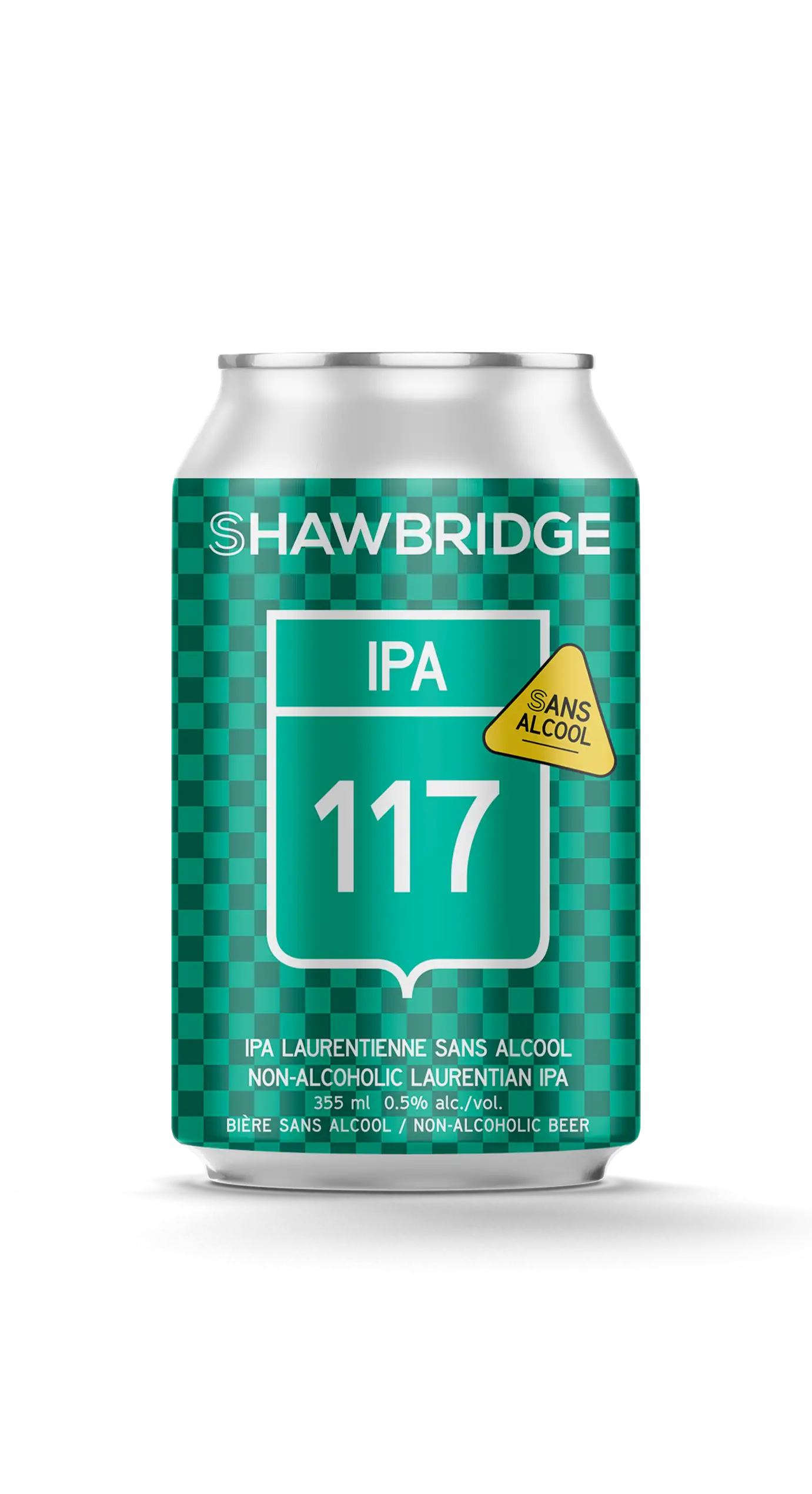 Sans Limite IPA 117, une bière sans alcool brassée à Prévost dans les Laurentides par brasserie Shawbridge