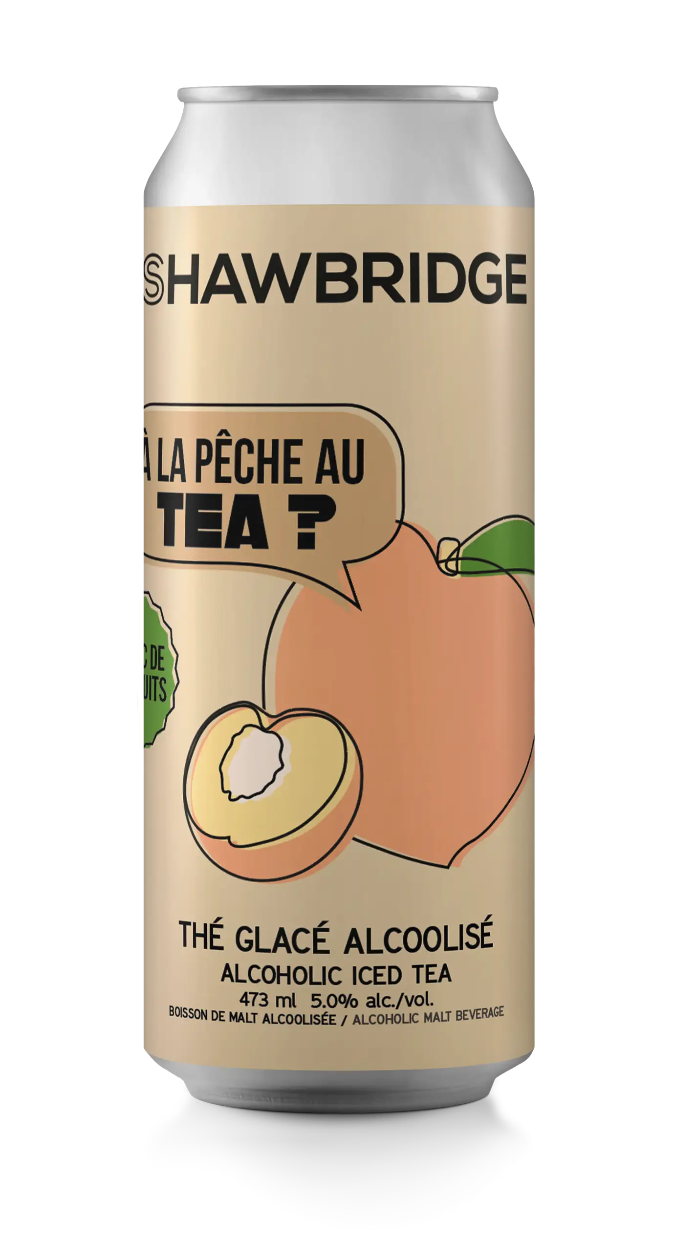 Prêt-à-boire de type thé glacé alcoolisé à la pêche et aux framboises brassée à Prévost dans les Laurentides par brasserie Shawbridge