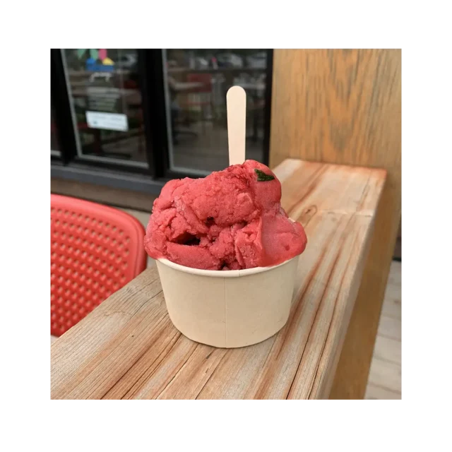 Sorbet vegan maison aux framboise et au basilic préparé par Shawbridge disponible dans les Laurentides